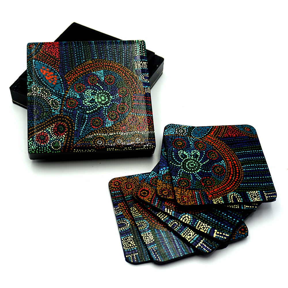 Better World Arts - Lacquer & Papier Mache Coasters - 4 set - Design: Julie Woods - India