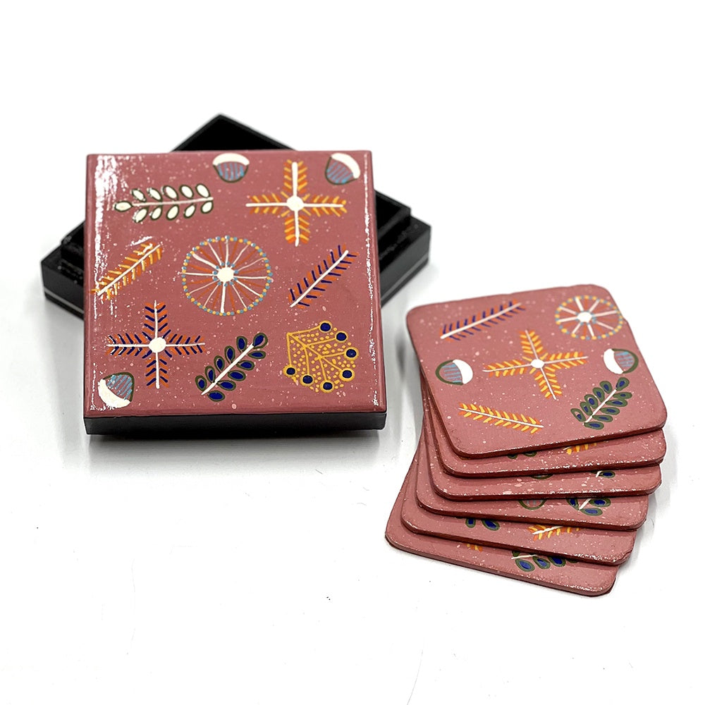 Better World Arts - Lacquer & Papier Mache Coasters - 4 set - Design: Rosie Ross - India”