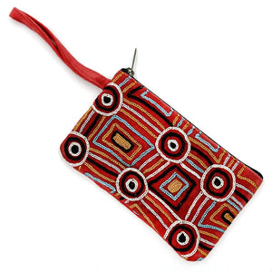 Embroidered Red Velvet Toiletry Bag - Mary Napangardi Brown - India